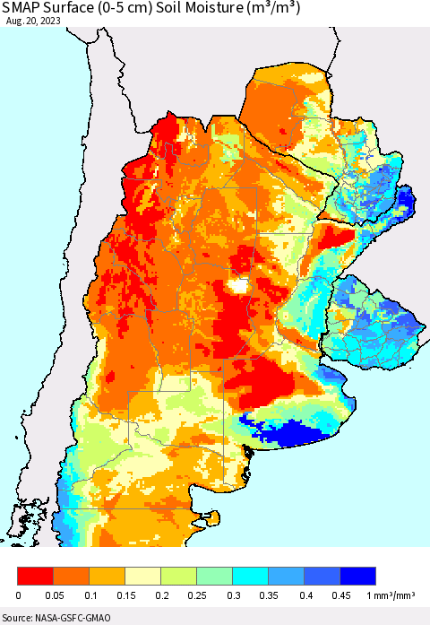 Southern South America SMAP Surface (0-5 cm) Soil Moisture (m³/m³) Thematic Map For 8/16/2023 - 8/20/2023