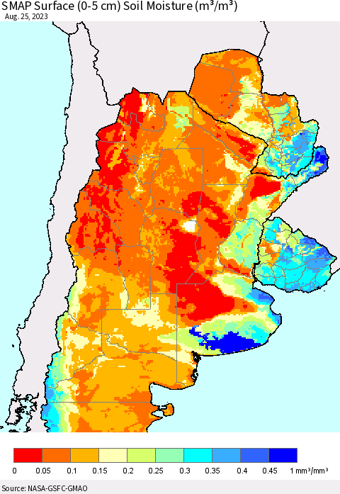 Southern South America SMAP Surface (0-5 cm) Soil Moisture (m³/m³) Thematic Map For 8/21/2023 - 8/25/2023