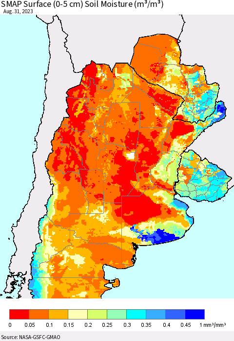 Southern South America SMAP Surface (0-5 cm) Soil Moisture (m³/m³) Thematic Map For 8/26/2023 - 8/31/2023