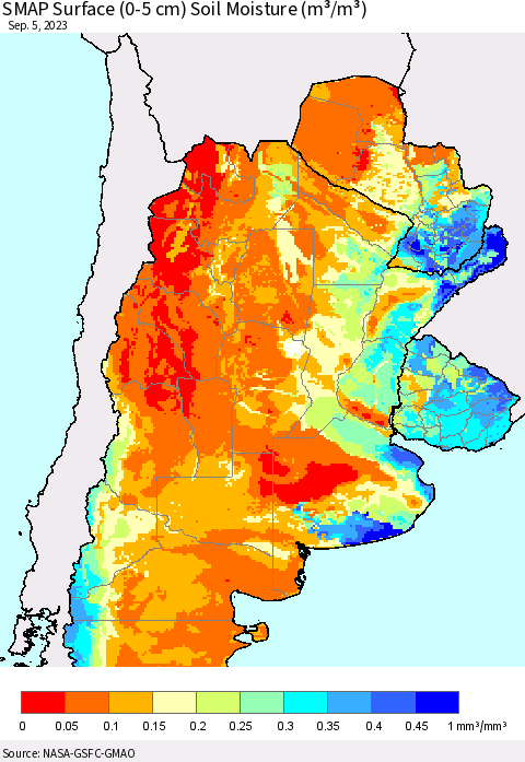 Southern South America SMAP Surface (0-5 cm) Soil Moisture (m³/m³) Thematic Map For 9/1/2023 - 9/5/2023