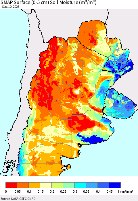 Southern South America SMAP Surface (0-5 cm) Soil Moisture (m³/m³) Thematic Map For 9/6/2023 - 9/10/2023