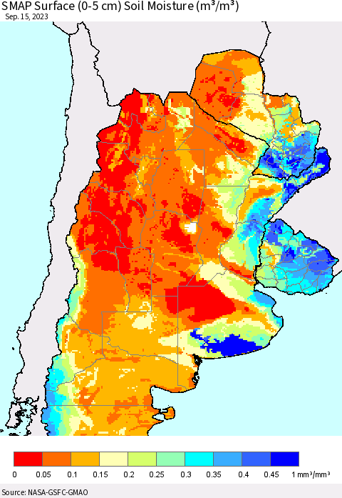 Southern South America SMAP Surface (0-5 cm) Soil Moisture (m³/m³) Thematic Map For 9/11/2023 - 9/15/2023