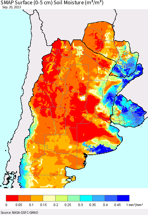 Southern South America SMAP Surface (0-5 cm) Soil Moisture (m³/m³) Thematic Map For 9/16/2023 - 9/20/2023