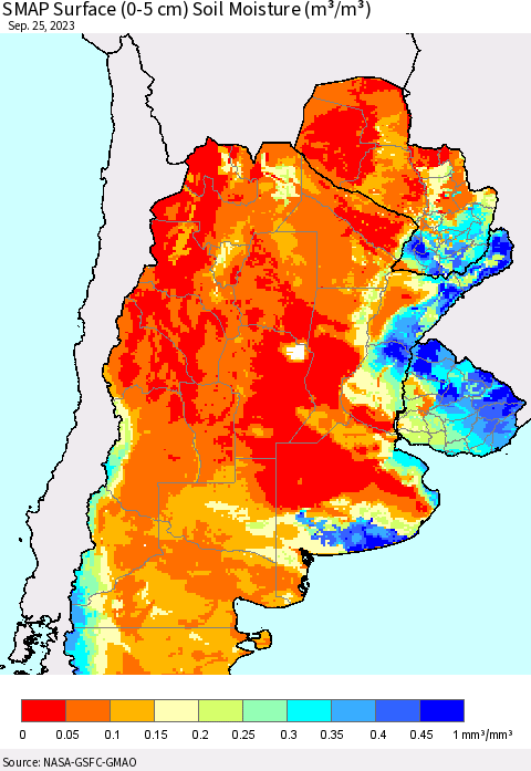 Southern South America SMAP Surface (0-5 cm) Soil Moisture (m³/m³) Thematic Map For 9/21/2023 - 9/25/2023