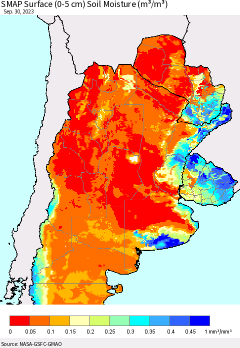 Southern South America SMAP Surface (0-5 cm) Soil Moisture (m³/m³) Thematic Map For 9/26/2023 - 9/30/2023