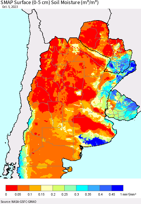 Southern South America SMAP Surface (0-5 cm) Soil Moisture (m³/m³) Thematic Map For 10/1/2023 - 10/5/2023