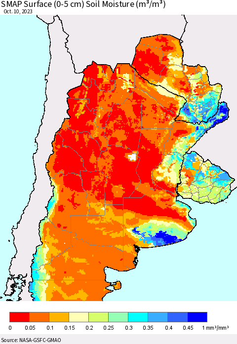 Southern South America SMAP Surface (0-5 cm) Soil Moisture (m³/m³) Thematic Map For 10/6/2023 - 10/10/2023