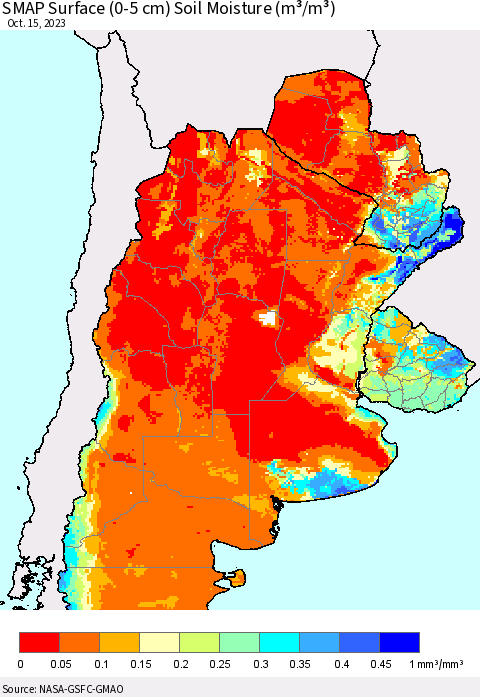 Southern South America SMAP Surface (0-5 cm) Soil Moisture (m³/m³) Thematic Map For 10/11/2023 - 10/15/2023