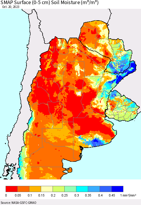Southern South America SMAP Surface (0-5 cm) Soil Moisture (m³/m³) Thematic Map For 10/16/2023 - 10/20/2023