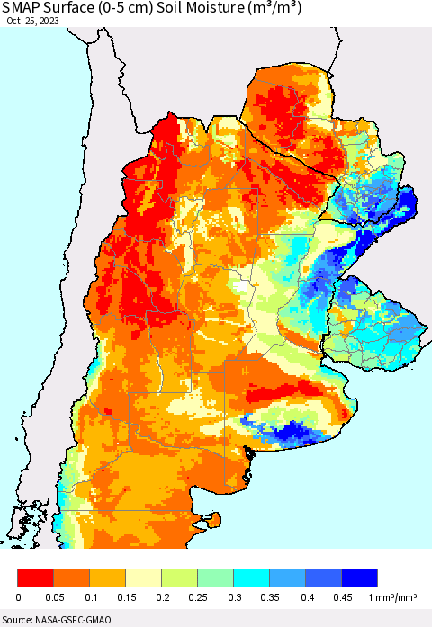 Southern South America SMAP Surface (0-5 cm) Soil Moisture (m³/m³) Thematic Map For 10/21/2023 - 10/25/2023