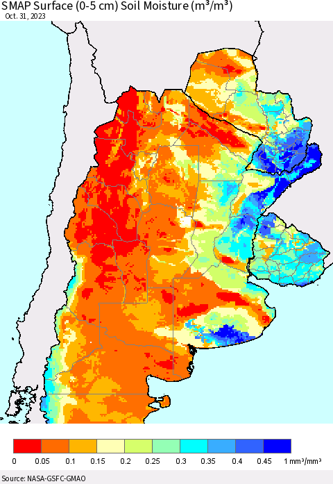 Southern South America SMAP Surface (0-5 cm) Soil Moisture (m³/m³) Thematic Map For 10/26/2023 - 10/31/2023