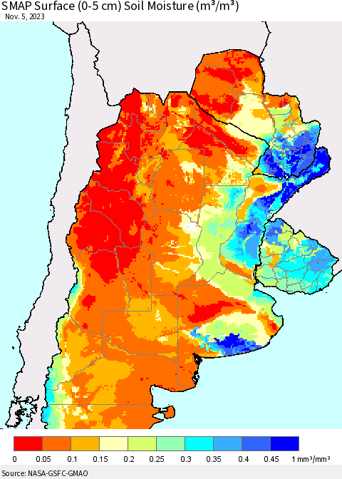 Southern South America SMAP Surface (0-5 cm) Soil Moisture (m³/m³) Thematic Map For 11/1/2023 - 11/5/2023