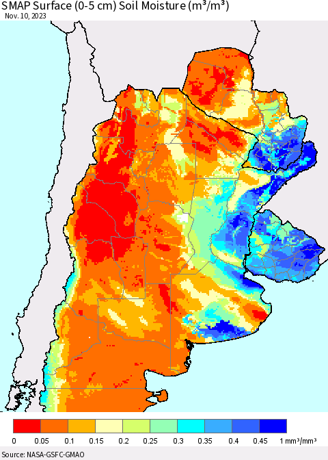 Southern South America SMAP Surface (0-5 cm) Soil Moisture (m³/m³) Thematic Map For 11/6/2023 - 11/10/2023