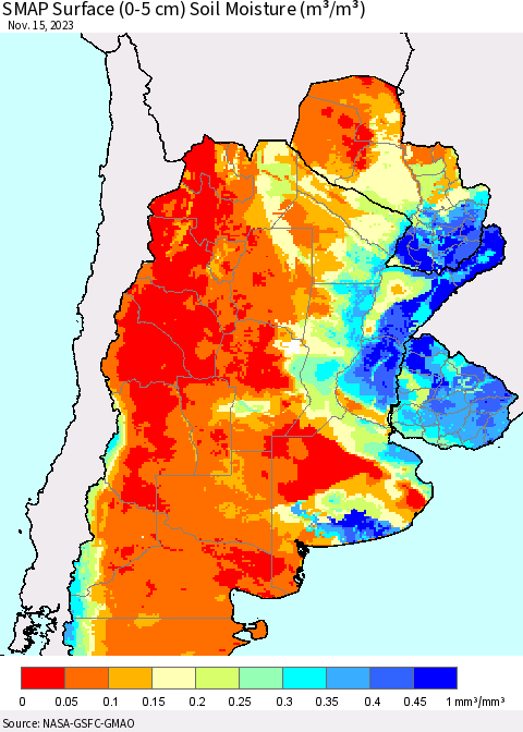 Southern South America SMAP Surface (0-5 cm) Soil Moisture (m³/m³) Thematic Map For 11/11/2023 - 11/15/2023