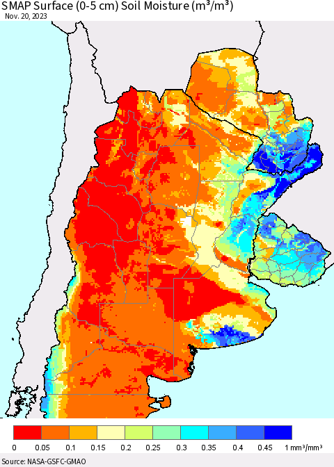 Southern South America SMAP Surface (0-5 cm) Soil Moisture (m³/m³) Thematic Map For 11/16/2023 - 11/20/2023