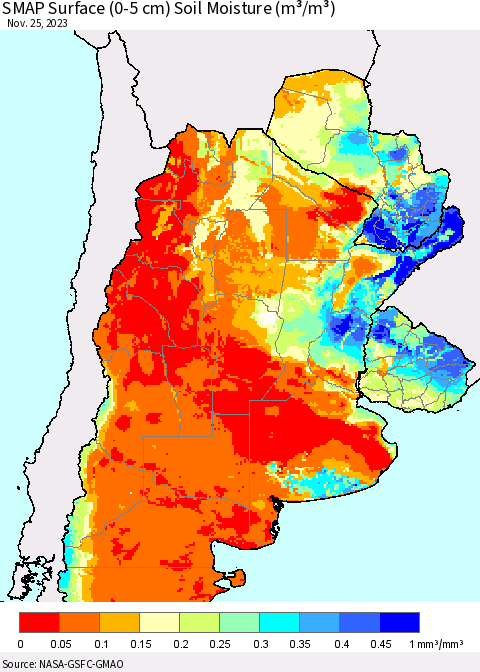 Southern South America SMAP Surface (0-5 cm) Soil Moisture (m³/m³) Thematic Map For 11/21/2023 - 11/25/2023