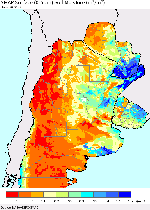 Southern South America SMAP Surface (0-5 cm) Soil Moisture (m³/m³) Thematic Map For 11/26/2023 - 11/30/2023