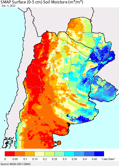 Southern South America SMAP Surface (0-5 cm) Soil Moisture (m³/m³) Thematic Map For 12/1/2023 - 12/5/2023