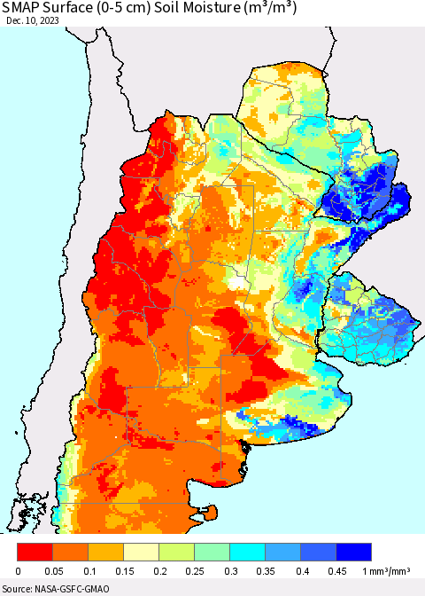 Southern South America SMAP Surface (0-5 cm) Soil Moisture (m³/m³) Thematic Map For 12/6/2023 - 12/10/2023