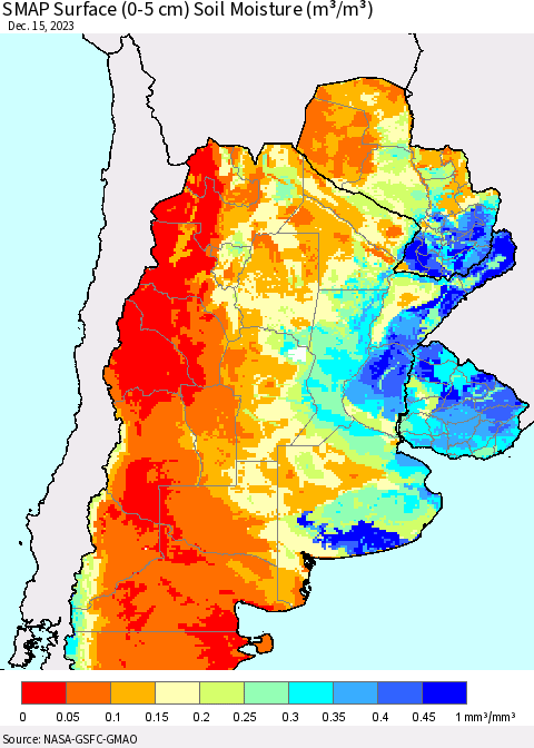 Southern South America SMAP Surface (0-5 cm) Soil Moisture (m³/m³) Thematic Map For 12/11/2023 - 12/15/2023