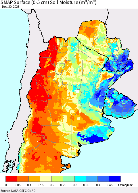 Southern South America SMAP Surface (0-5 cm) Soil Moisture (m³/m³) Thematic Map For 12/16/2023 - 12/20/2023
