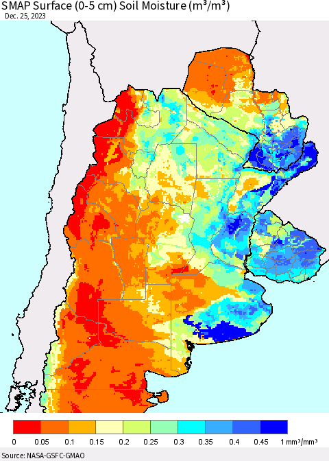 Southern South America SMAP Surface (0-5 cm) Soil Moisture (m³/m³) Thematic Map For 12/21/2023 - 12/25/2023