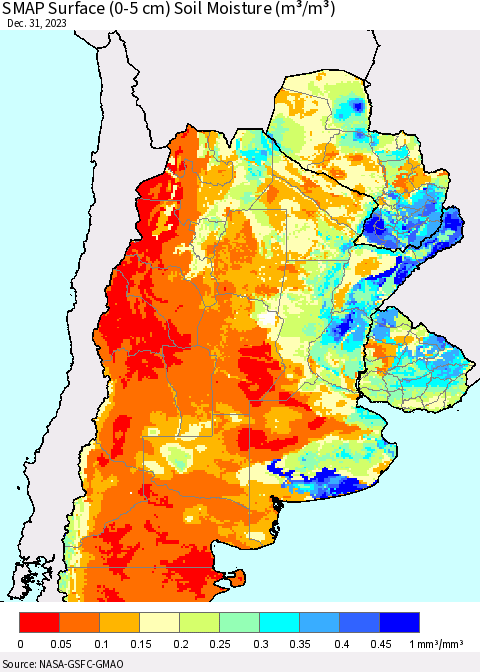 Southern South America SMAP Surface (0-5 cm) Soil Moisture (m³/m³) Thematic Map For 12/26/2023 - 12/31/2023