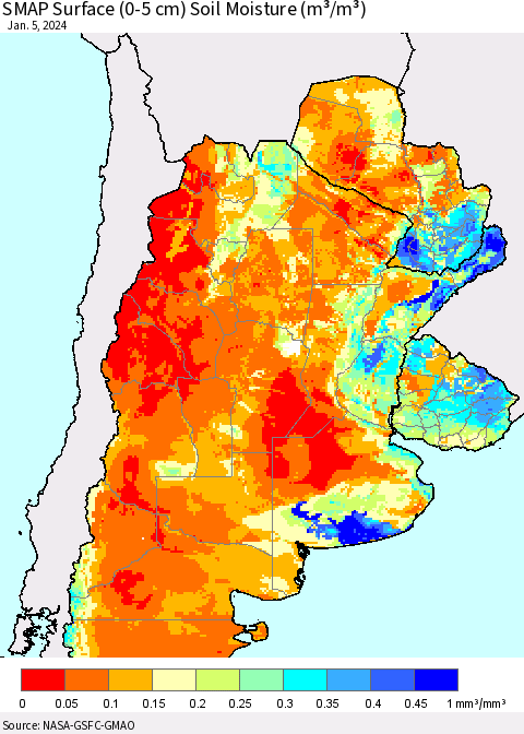Southern South America SMAP Surface (0-5 cm) Soil Moisture (m³/m³) Thematic Map For 1/1/2024 - 1/5/2024