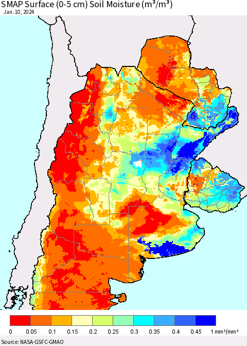 Southern South America SMAP Surface (0-5 cm) Soil Moisture (m³/m³) Thematic Map For 1/6/2024 - 1/10/2024