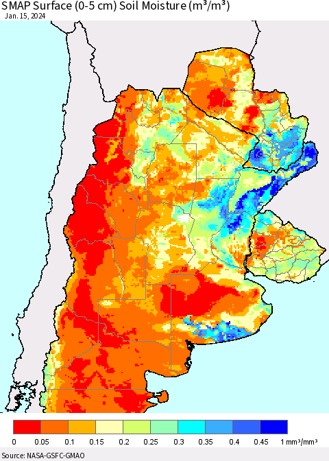 Southern South America SMAP Surface (0-5 cm) Soil Moisture (m³/m³) Thematic Map For 1/11/2024 - 1/15/2024