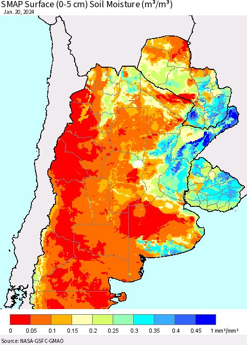 Southern South America SMAP Surface (0-5 cm) Soil Moisture (m³/m³) Thematic Map For 1/16/2024 - 1/20/2024