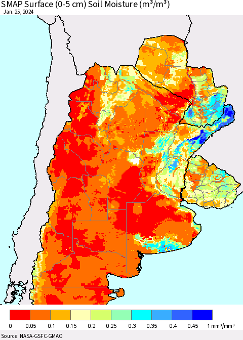Southern South America SMAP Surface (0-5 cm) Soil Moisture (m³/m³) Thematic Map For 1/21/2024 - 1/25/2024