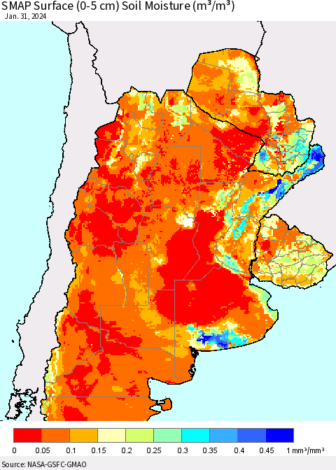 Southern South America SMAP Surface (0-5 cm) Soil Moisture (m³/m³) Thematic Map For 1/26/2024 - 1/31/2024