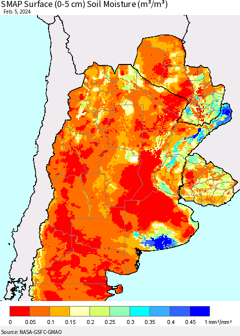 Southern South America SMAP Surface (0-5 cm) Soil Moisture (m³/m³) Thematic Map For 2/1/2024 - 2/5/2024