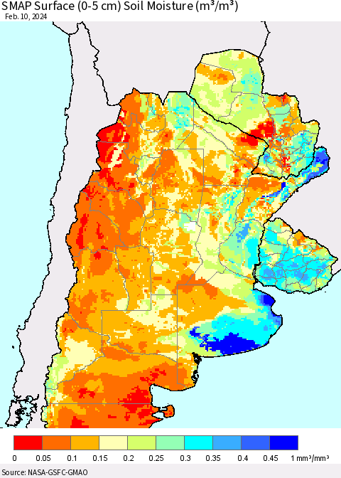 Southern South America SMAP Surface (0-5 cm) Soil Moisture (m³/m³) Thematic Map For 2/6/2024 - 2/10/2024