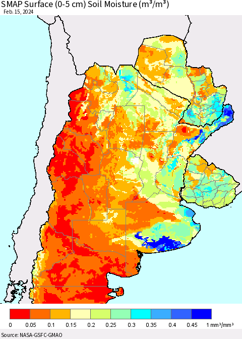 Southern South America SMAP Surface (0-5 cm) Soil Moisture (m³/m³) Thematic Map For 2/11/2024 - 2/15/2024