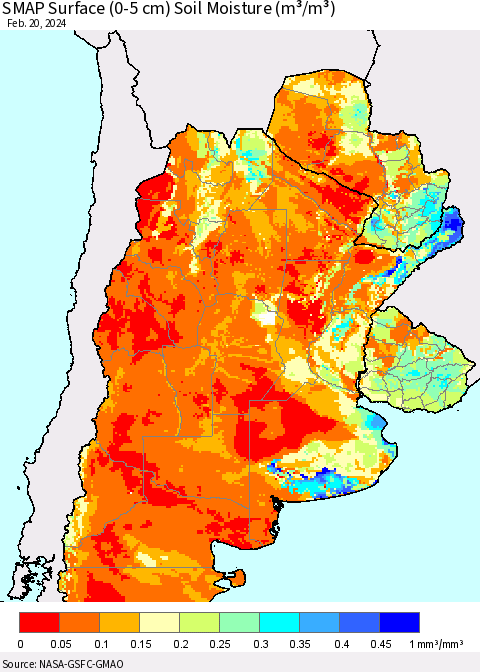 Southern South America SMAP Surface (0-5 cm) Soil Moisture (m³/m³) Thematic Map For 2/16/2024 - 2/20/2024