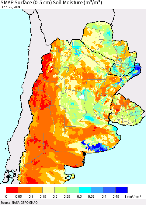 Southern South America SMAP Surface (0-5 cm) Soil Moisture (m³/m³) Thematic Map For 2/21/2024 - 2/25/2024