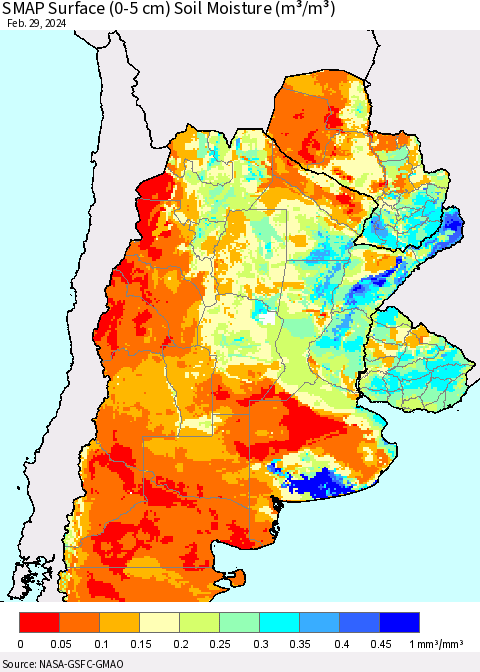Southern South America SMAP Surface (0-5 cm) Soil Moisture (m³/m³) Thematic Map For 2/26/2024 - 2/29/2024