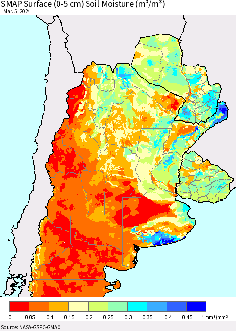 Southern South America SMAP Surface (0-5 cm) Soil Moisture (m³/m³) Thematic Map For 3/1/2024 - 3/5/2024