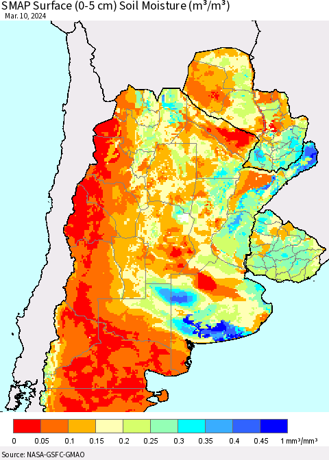 Southern South America SMAP Surface (0-5 cm) Soil Moisture (m³/m³) Thematic Map For 3/6/2024 - 3/10/2024