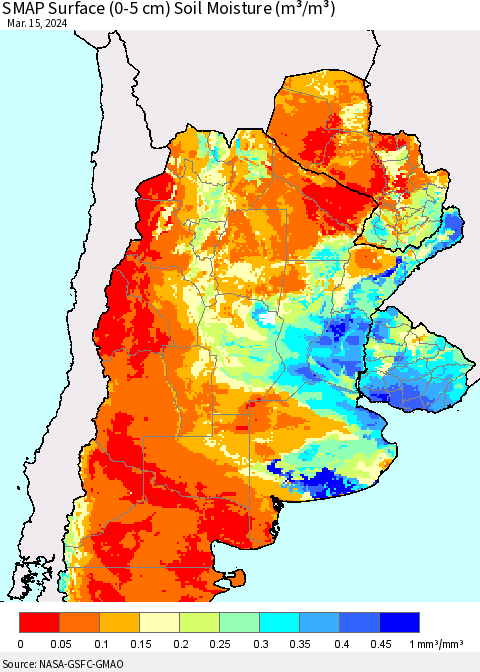 Southern South America SMAP Surface (0-5 cm) Soil Moisture (m³/m³) Thematic Map For 3/11/2024 - 3/15/2024