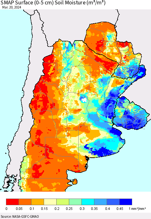 Southern South America SMAP Surface (0-5 cm) Soil Moisture (m³/m³) Thematic Map For 3/16/2024 - 3/20/2024