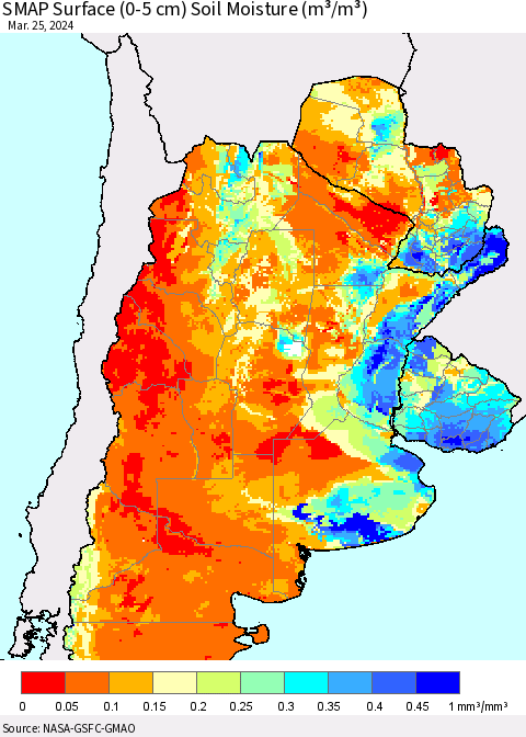 Southern South America SMAP Surface (0-5 cm) Soil Moisture (m³/m³) Thematic Map For 3/21/2024 - 3/25/2024