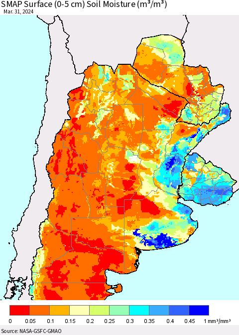 Southern South America SMAP Surface (0-5 cm) Soil Moisture (m³/m³) Thematic Map For 3/26/2024 - 3/31/2024