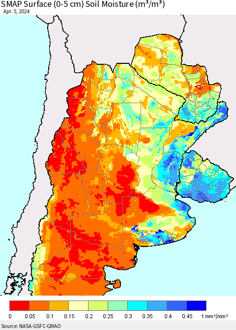 Southern South America SMAP Surface (0-5 cm) Soil Moisture (m³/m³) Thematic Map For 4/1/2024 - 4/5/2024