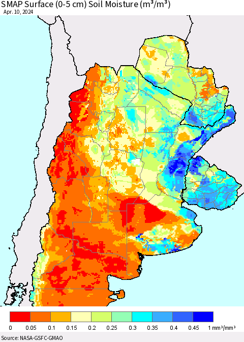 Southern South America SMAP Surface (0-5 cm) Soil Moisture (m³/m³) Thematic Map For 4/6/2024 - 4/10/2024