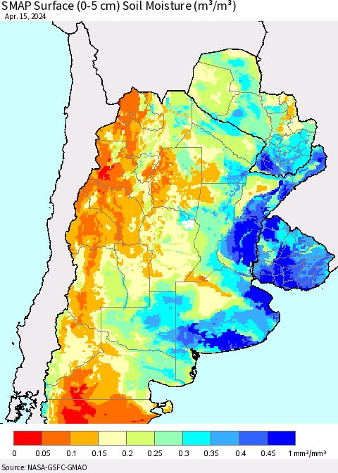 Southern South America SMAP Surface (0-5 cm) Soil Moisture (m³/m³) Thematic Map For 4/11/2024 - 4/15/2024
