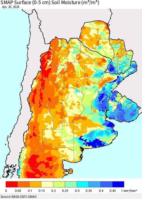 Southern South America SMAP Surface (0-5 cm) Soil Moisture (m³/m³) Thematic Map For 4/16/2024 - 4/20/2024