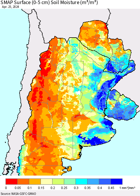 Southern South America SMAP Surface (0-5 cm) Soil Moisture (m³/m³) Thematic Map For 4/21/2024 - 4/25/2024
